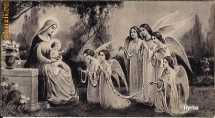 Marturie Catolica - Fecioara Maria,Pruncul Isus si Grup de Ingeri -Interbelica foto