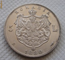 5 lei 1880 - Kullrich pe margine - CALITATE - aUNC/UNC - luciu superb de batere - necuratata - detalii perfecte - adevarata piesa de colectie