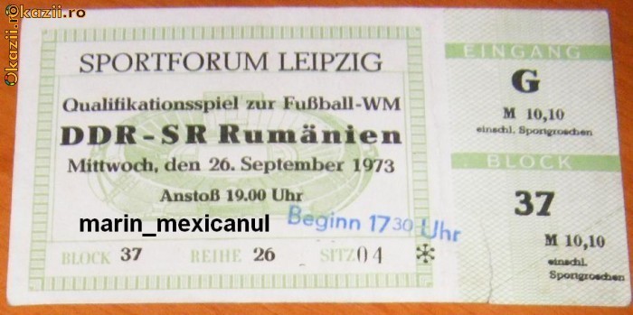 Bilet Germania-Romania 26.09.1973 foto mare