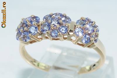 Inel aur 14K montura 3 flori realizate din TANZANITE (1,1ct) foto mare