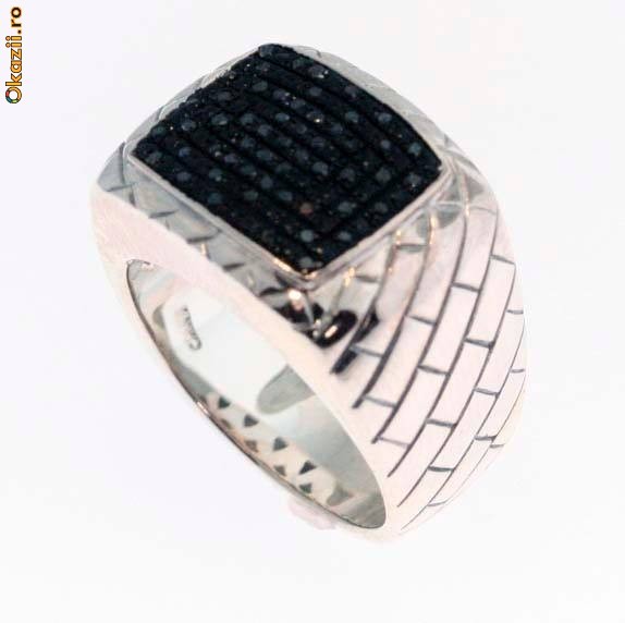 Inel barbatesc ag925 rodinat ornat cu 80 DIAMANTE negre foto mare