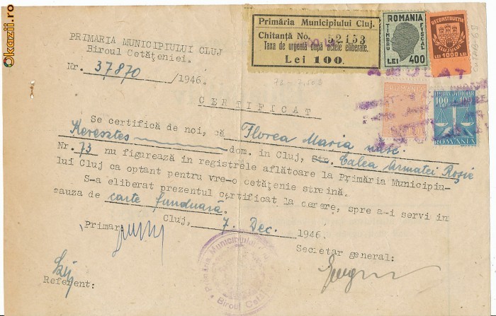 RFL 1946 document 2 fiscale locale Cluj inflatie foto mare