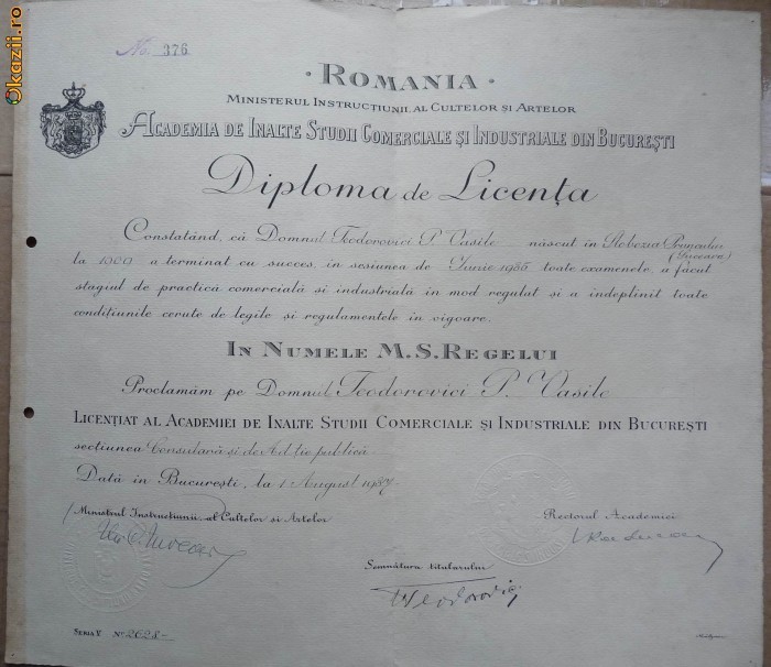 Diploma de Licenta , Academia de Inalte Studii Comerciale si Industriale , 1937 foto mare