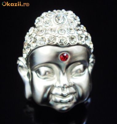 Inel foarte mare argintiu cu cap de buddha + cristale .Marimea 8 foto mare