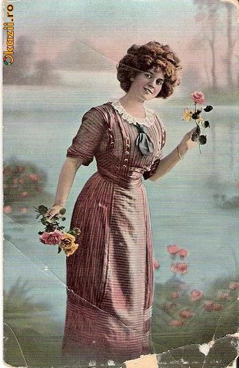 T FOTO 42 Romantica -Tanara -circulata 1911, de la Cheia, jud. Prahova, stampila Ploesti, catre Lica si Lenuta Nicoreanu, Bucuresti foto mare