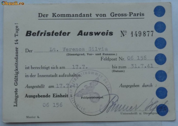Comandamentul German din Paris , Permis temporar , ofiter roman , 1941 foto mare