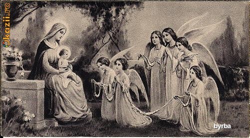 Marturie Catolica - Fecioara Maria,Pruncul Isus si Grup de Ingeri -Interbelica foto mare