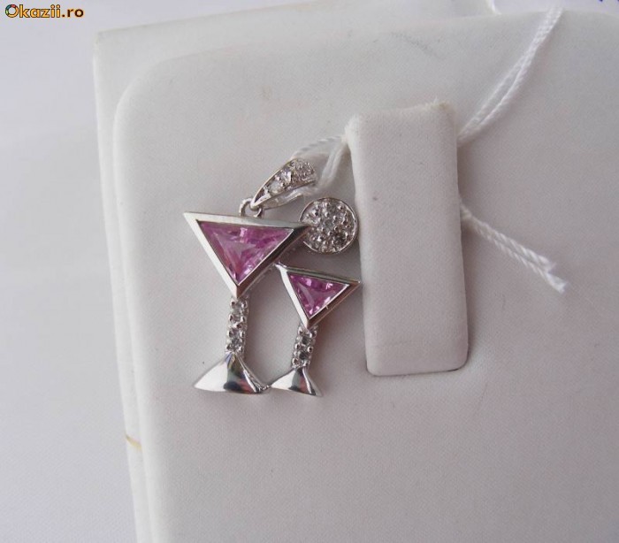 Pandant UNICAT pahar Martini aur 10K, 1.8g, ornat cu DIAMANTE si TOPAZE roz !! foto mare