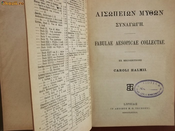 Fabulae Aesopicae collectae, 1889-prefata in lb. latina, text in lb. greaca foto mare