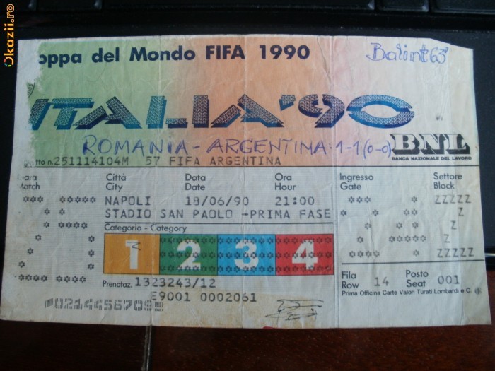 Bilet Romania - Argentina   Italia1990 foto mare