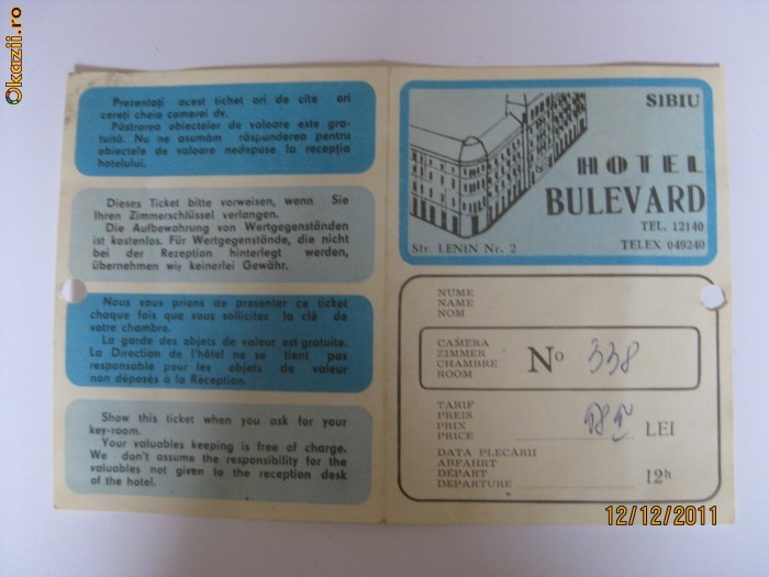 TICHET HOTEL BULEVARD CU HARTA SIBIU DIN ANII 70 foto mare