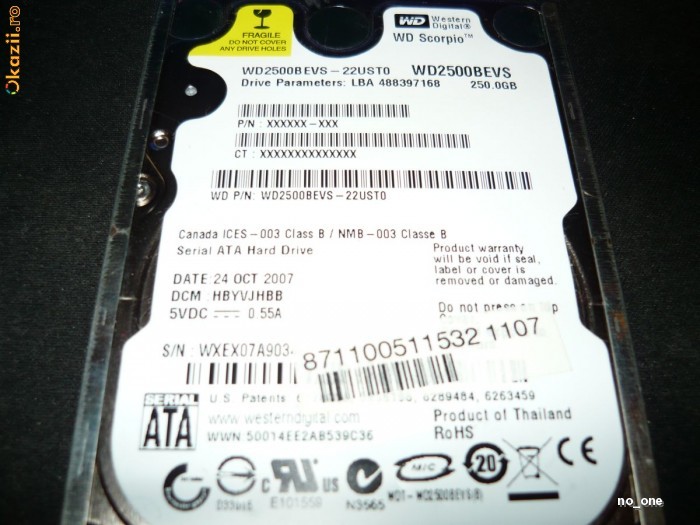 Hard disk (laptop) Western Digital 250Gb (Sata) 2.5 foto mare