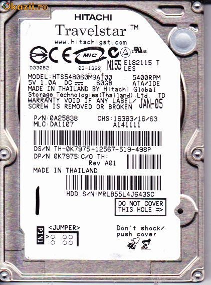 Hard disk HDD laptop 60GB IDE - Hitachi Travelstar - defect - 40 lei foto mare