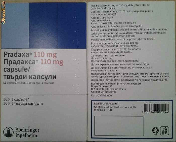 Vand medicament Pradaxa 110 mg (Dabigatran) pentru prevenirea cheagurilor de sange si a accidentelor vasculare cerebrale foto mare Vand medicament Pradaxa 110 mg (Dabigatran) pentru prevenirea cheagurilor de sange si a accidentelor vasculare cerebrale foto mare