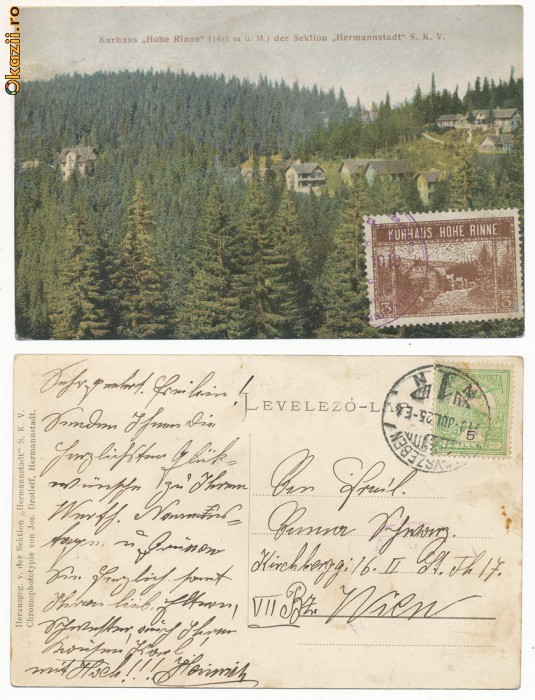 RFL 1910 ROMANIA Posta Locala Paltinis Hohe Rinne timbru de 3 helleri circulat pe carte postala foto mare