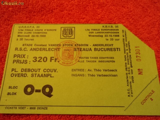 Bilet meci RSC ANDERLECHT - STEAUA Bucuresti 22.10.1986 CCE foto mare