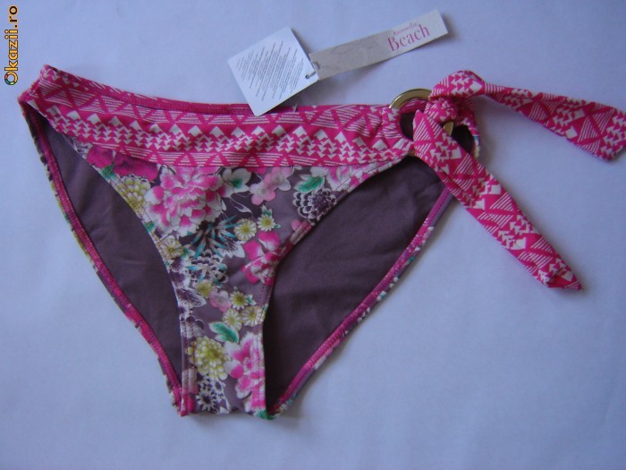 SLIP COSTUM BAIE ACCESSORIZE FLORAL roz turcoaz galben verde cu inel metal auriu mas M foto mare