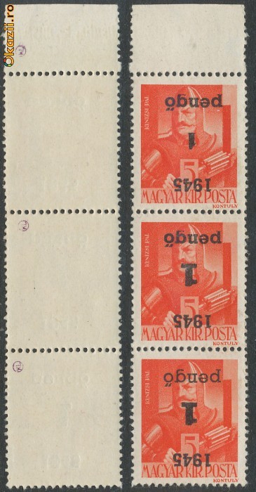 RFL 1945 Oradea streif 3 erori inversate 1P pe 5f II+I+III foto mare